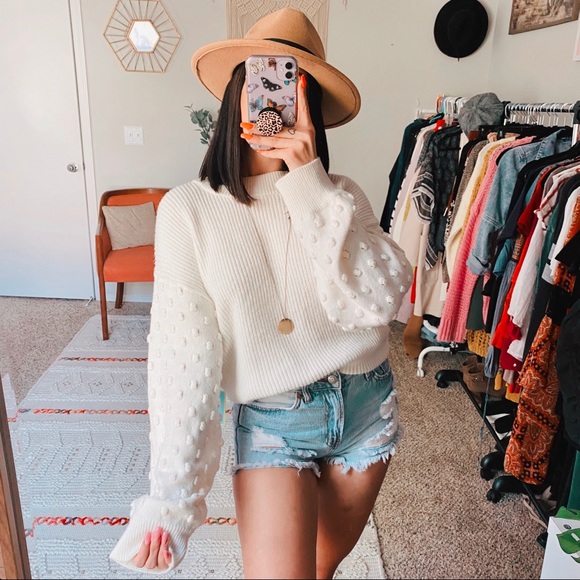 Sold CeCe Ivory Pom Sleeve Sweater - Picture 3 of 8